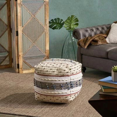 Helton Handcrafted Boho Fabric Pouf Blue/White/Red - Christopher Knight Home 5 Helton Handcrafted Boho Fabric Pouf Blue/White/Red - Christopher Knight Home - Image 3