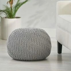 Hershel Modern Knitted Cotton Round Pouf - Christopher Knight Home Light Gray