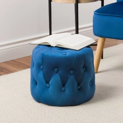Lynwood Velvet Round Tufted Pouf Blue - CorLiving 4 Lynwood Velvet Round Tufted Pouf Blue - CorLiving - Image 2