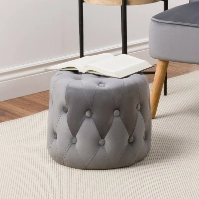 Lynwood Velvet Round Tufted Pouf Gray - CorLiving 4 Lynwood Velvet Round Tufted Pouf Gray - CorLiving - Image 2