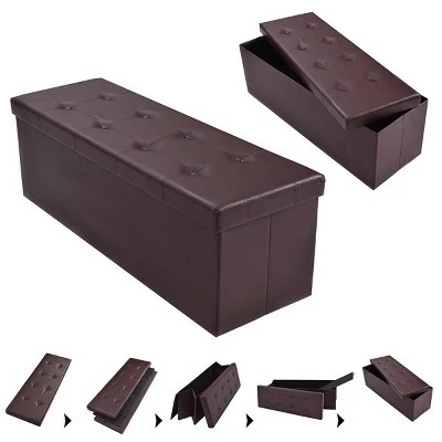 Costway 45''x15''x15'' Large Folding Storage Faux Leather Ottoman Pouffe Box Stool Brown 3 Costway 45''x15''x15'' Large Folding Storage Faux Leather Ottoman Pouffe Box Stool Brown