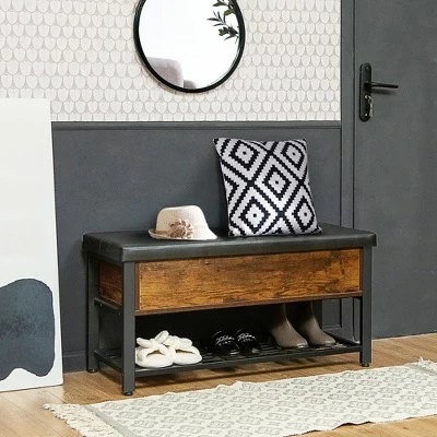 Costway Shoe Bench Padded Bench w/Storage Box and Shoe Shelf Rustic Brown and Black 4 Costway Shoe Bench Padded Bench w/Storage Box and Shoe Shelf Rustic Brown and Black - Image 2