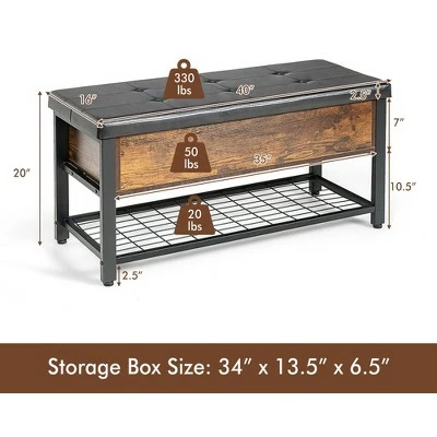 Costway Shoe Bench Padded Bench w/Storage Box and Shoe Shelf Rustic Brown and Black 5 Costway Shoe Bench Padded Bench w/Storage Box and Shoe Shelf Rustic Brown and Black - Image 3