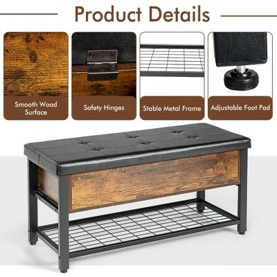 Costway Shoe Bench Padded Bench w/Storage Box and Shoe Shelf Rustic Brown and Black 6 Costway Shoe Bench Padded Bench w/Storage Box and Shoe Shelf Rustic Brown and Black - Image 4