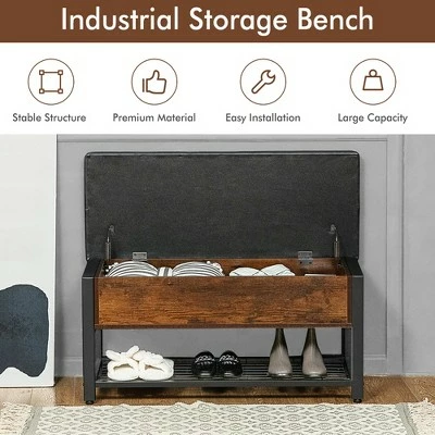 Costway Shoe Bench Padded Bench w/Storage Box and Shoe Shelf Rustic Brown and Black 8 Costway Shoe Bench Padded Bench w/Storage Box and Shoe Shelf Rustic Brown and Black - Image 6