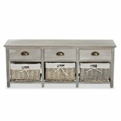 Mabyn Wood 3 Drawer Storage Bench with Baskets Light Gray - Baxton Studio -Ottomans Official Shop unnamed file 7034