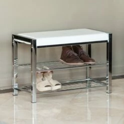 Danya B. Leatherette Storage Entryway Bench with Chrome Frame - White