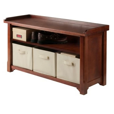 Verona Storage Bench with 3 Foldable Beige Color Fabric Baskets - Walnut - Beige - Winsome 6 Verona Storage Bench with 3 Foldable Beige Color Fabric Baskets - Walnut - Beige - Winsome - Image 4
