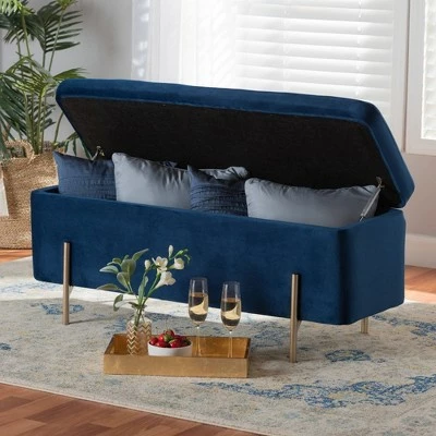 Rockwell Velvet Metal Storage Bench - Baxton Studio Blue/gold 10 Rockwell Velvet Metal Storage Bench - Baxton Studio Blue/gold - Image 8