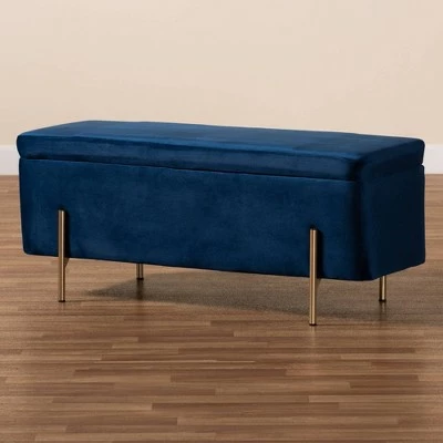 Rockwell Velvet Metal Storage Bench - Baxton Studio Blue/gold 11 Rockwell Velvet Metal Storage Bench - Baxton Studio Blue/gold - Image 9