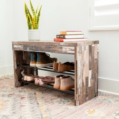 Industrial Shoe Bench with Metal Storage Racks Distressed Wood - Danya B. 4 Industrial Shoe Bench with Metal Storage Racks Distressed Wood - Danya B. - Image 2