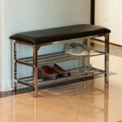 Danya B. Leatherette Storage Entryway Bench with Chrome Frame - Black