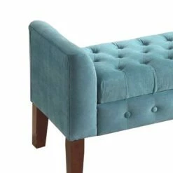 Velvet Upholstered Button Tufted Wooden Bench Settee with Hinged Storage Blue/Brown - Benzara