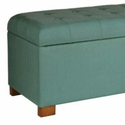 Polyester Upholstery Bench with Button Tufted Hinged Lid Storage and Wood Feet Teal - Benzara