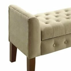 Button Tufted Wooden Bench Settee with Hinged Storage Beige/Brown - Benzara