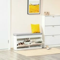 HOMCOM Modern Shoe Rack Bench for Entryway, Storage Organizer with Cushion, 2 Drawers, Adjustable Shelf, Holds 8 Pairs, White