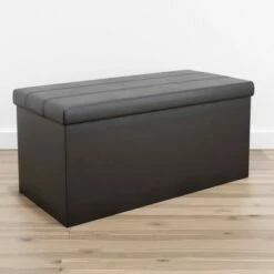 Foldable Rectangle Storage Ottoman with Channel Tufting - Brookside Home Black Faux Leather -Ottomans Official Shop unnamed file 8305