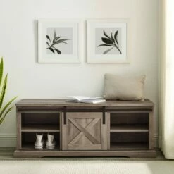 48" Modern Farmhouse Sliding Door Wood Bench - Saracina Home White/rustic Oak -Ottomans Official Shop unnamed file 841