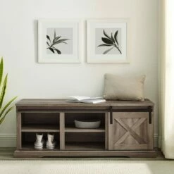 48" Modern Farmhouse Sliding Door Wood Bench - Saracina Home White/rustic Oak -Ottomans Official Shop unnamed file 844