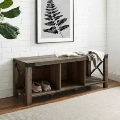 Sophie Rustic Farmhouse X Frame Entry Bench with 3 Cubbies - Saracina Home Rustic Oak
