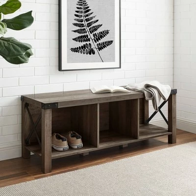 Sophie Rustic Farmhouse X Frame Entry Bench with 3 Cubbies - Saracina Home Rustic Oak 3 Sophie Rustic Farmhouse X Frame Entry Bench with 3 Cubbies - Saracina Home Rustic Oak