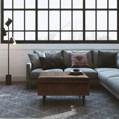 Large Blanchette Mid Century Square Coffee Table Storage Ottoman - WyndenHall Distressed Saddle Brown 4 Large Blanchette Mid Century Square Coffee Table Storage Ottoman - WyndenHall Distressed Saddle Brown - Image 2