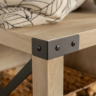 Sophie Rustic Farmhouse X Frame Entry Bench with 3 Cubbies - Saracina Home Rustic Oak 11 Sophie Rustic Farmhouse X Frame Entry Bench with 3 Cubbies - Saracina Home Rustic Oak - Image 9