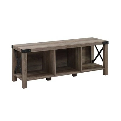 Sophie Rustic Farmhouse X Frame Entry Bench with 3 Cubbies - Saracina Home Rustic Oak 13 Sophie Rustic Farmhouse X Frame Entry Bench with 3 Cubbies - Saracina Home Rustic Oak - Image 11