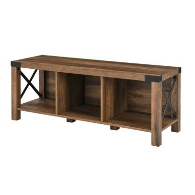 Sophie Rustic Farmhouse X Frame Entry Bench with 3 Cubbies - Saracina Home Rustic Oak 14 Sophie Rustic Farmhouse X Frame Entry Bench with 3 Cubbies - Saracina Home Rustic Oak - Image 12