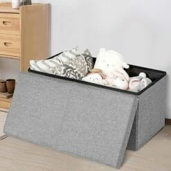 Costway 30'' Folding Storage Ottoman W/Lift Top Bed End Bench 80L Capacity Light GreyDark Grey