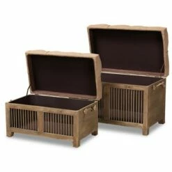 2pc Clement Fabric Upholstered Wood Spindle Storage Ottoman Trunk Set Beige/Brown - Baxton Studio