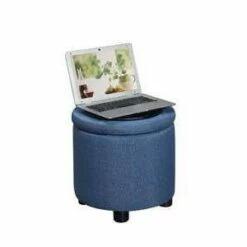 Round Accent Storage Ottoman Blue Faux Linen - Breighton Home