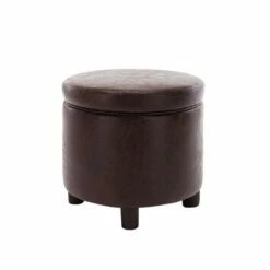 Round Storage Ottoman with Lift Off Lid - WOVENBYRD Dark Brown Faux Leather -Ottomans Official Shop unnamed file 9912